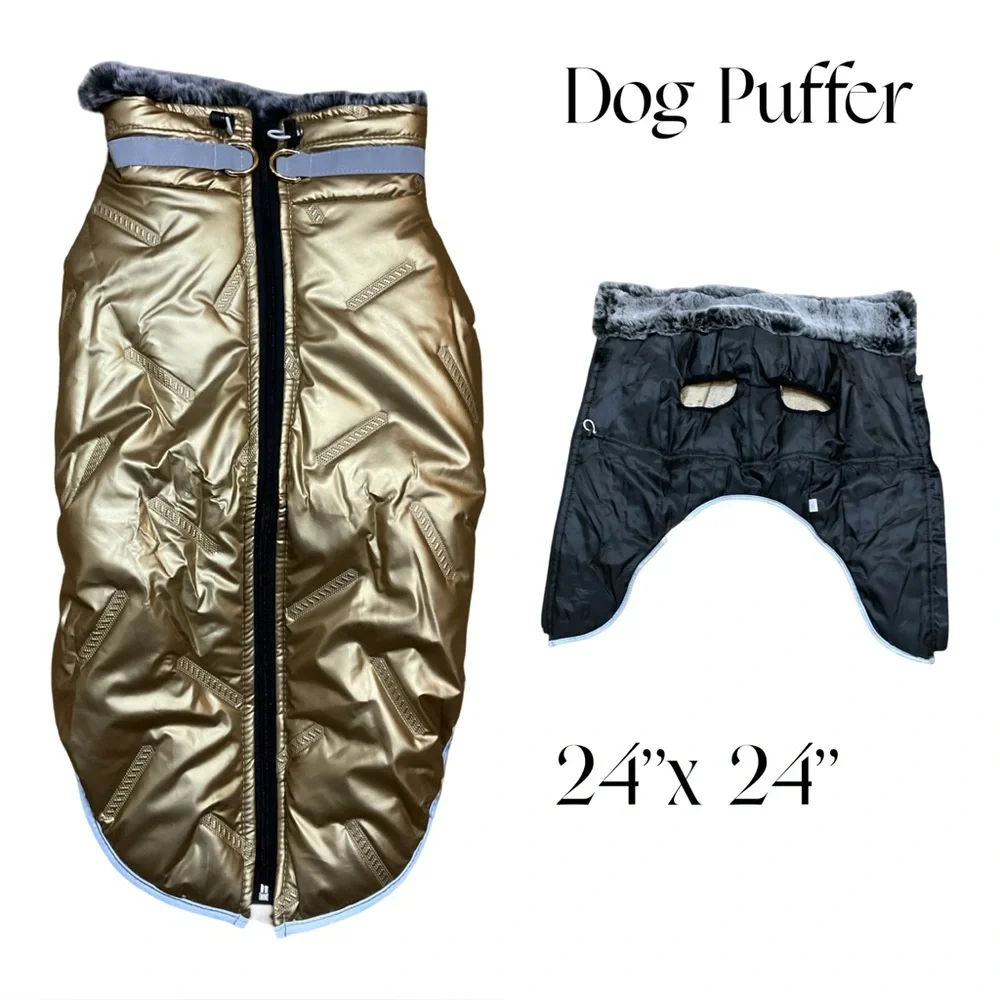 NWOT Gold Metallic Reflective Dog Puffer Jacket 3XL Faux Fur Lined 24” x 24”